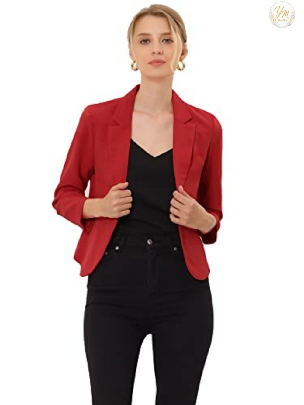 Cropped Blazer Open Front Notch Lapel Business Casual Lightweight